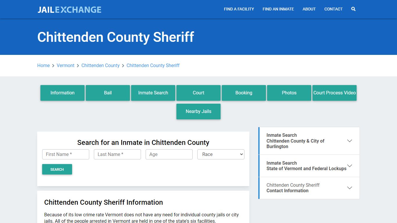 Chittenden County Sheriff Roster Lookup, VT, Inmate Search - Jail Exchange